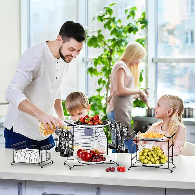 Sorbus® Buffet Caddy — 7-Piece Stackable Set Includes Plate, Napkin, and Silverware Holder, 3-Tier Detachable Tabletop Organizer — Ideal for Kitchen, Dining, Entertaining, Parties,Thanksgiving (Black)