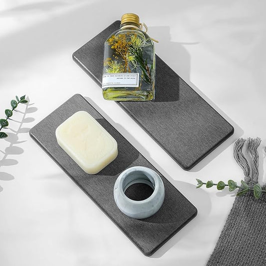 Razborci 2PCS Bathroom Trays, Water Absorbing Diatomite Stone Quick Drying Mat for Kitchen Counter, Dish Rack Soap Dispenser Sponge Holder Caddy Sink Vanity Organizer, Dark Gray Slate,9"x3.5"