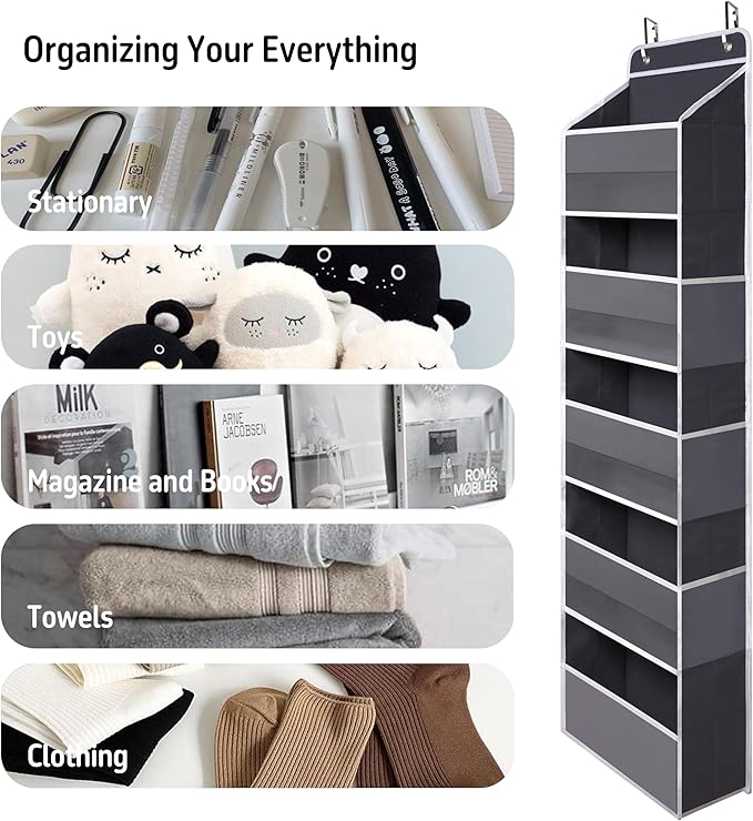 TYMENSH Gray Over Door Organizer with 5 Large Clear Pockets and 6 Side Mesh Pockets, Anti-Tilt Hanging Door Storage for Closet, Bathroom, Bedroom, Dorm, Nursery, Toys