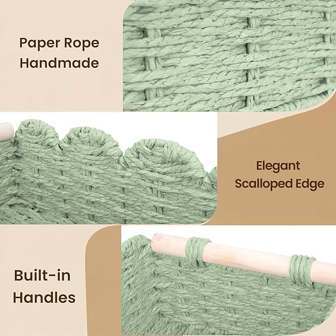iEGrow Paper Rope Small Storage Baskets for Organizing, Set of 2 Scalloped Edge Wicker Basket with Wooden Handles Toilet Paper Basket for Over Toilet Storage Shelf, Home Decor, Living Room (Green)