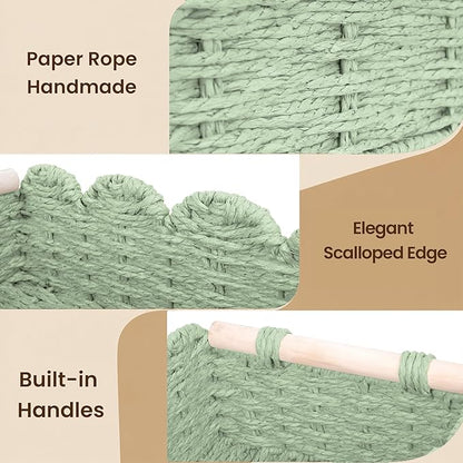 iEGrow Paper Rope Small Storage Baskets for Organizing, Set of 2 Scalloped Edge Wicker Basket with Wooden Handles Toilet Paper Basket for Over Toilet Storage Shelf, Home Decor, Living Room (Green)