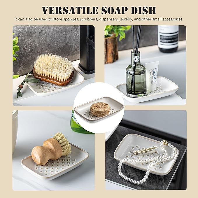 Premium Ceramic Soap Dish Holder - Large 5.5 Inch Soap Saver Tray with Non-Slip Base, Multi-Use for Bar Soap, Sponge & Jewelry - Elegant for Bathroom, Kitchen, Shower - Creamy White
