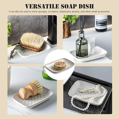 Premium Ceramic Soap Dish Holder - Large 5.5 Inch Soap Saver Tray with Non-Slip Base, Multi-Use for Bar Soap, Sponge & Jewelry - Elegant for Bathroom, Kitchen, Shower - Creamy White