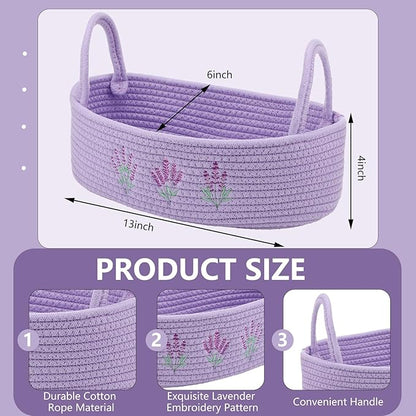 Vesici Storage Basket for Toilet Tank Top Lavender Purple Woven Cotton Rope Bathroom Countertop Toilet Paper Basket with Handle Boho Bathroom Decor for Organizer Nursery Toys 13 x 6 x 4 Inch