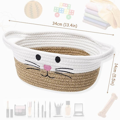 Small Woven Baskets for Organizing with Handle Cute Cotton Basket for Nursery Gift Dog Cat Toy Storage Basket for Toy Organizer-Brown