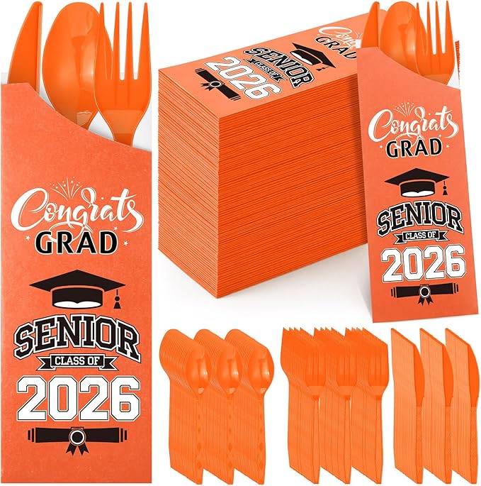 Funnymoom 400 Pcs 2026 Graduation Wrapped Silverware Bags Holder - Disposable Dinnerware Set Includes Plastic Spoons Knives and Forks, Class of 2026 Parties School Congrats Supplies(Orange)