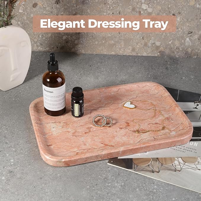 Karibiber Marble Vanity Tray, Bathroom Tray for Countertop, Decoration Dresser Organizer, Perfume, Jewelry Holder, Red Stone Serving for Kitchen Sink Storage(Spring Rose)