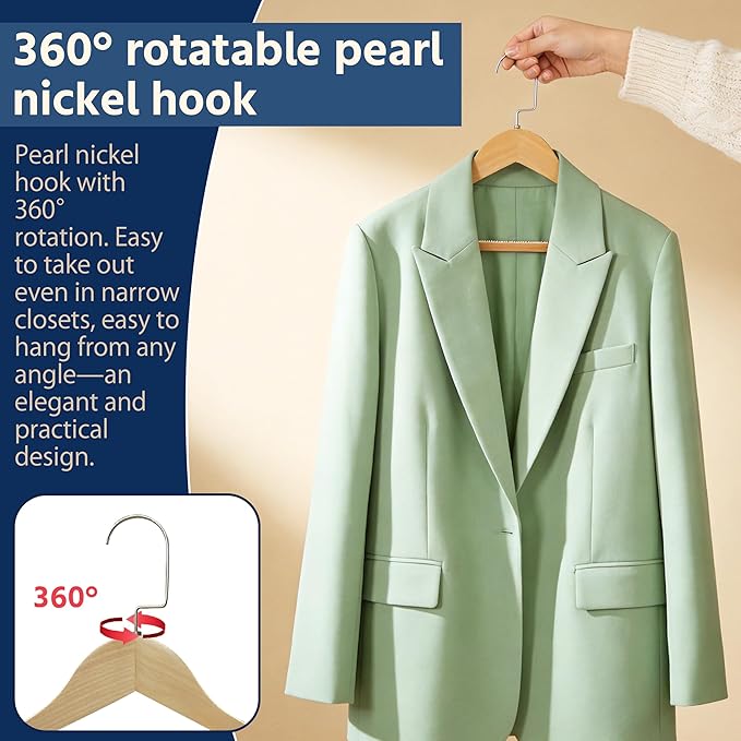 Luxury Wide Shoulder Wooden Coat Hangers with Anti Slip Pants Bar, Solid Wood Thick Jacket Hangers Smooth Finish for Sweater Dress Pants Sport Coats (Natural, 6 Pack), 360° Swivel Pearl Nickel Hook