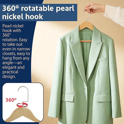 Luxury Wide Shoulder Wooden Coat Hangers with Anti Slip Pants Bar, Solid Wood Thick Jacket Hangers Smooth Finish for Sweater Dress Pants Sport Coats (Natural, 6 Pack), 360° Swivel Pearl Nickel Hook