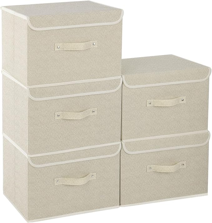 Fabric Storage Bins Cube Organizers with Flip-Top Lid and Handles,Storage Boxes for Organizing Home,Office,and Closet,Grey and Beige,5 Pack 13 X 9.1 X 7.9 in
