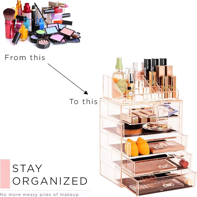 Sorbus Acrylic Makeup Organizer Set, 6-Drawer Vanity & Countertop Cosmetic Storage with Small & Wide Compartments, Pink Makeup Storage for Brushes, Jewelry – Holiday Gift for Women & Teens