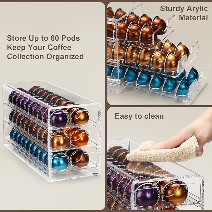 3 Layers Clear Acrylic Coffee Pod Drawer for Nespresso Vertuo 60 Pod Double Sided Pull Out Organizer