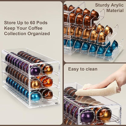 3 Layers Clear Acrylic Coffee Pod Drawer for Nespresso Vertuo 60 Pod Double Sided Pull Out Organizer