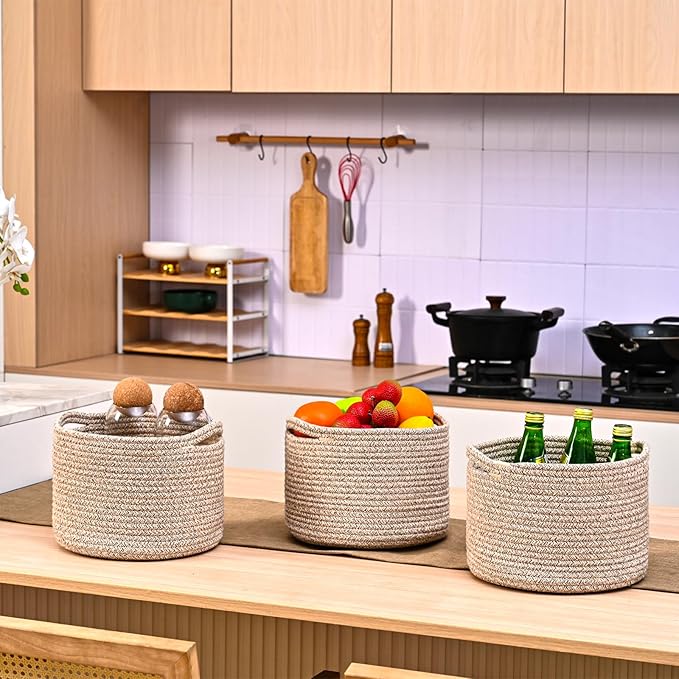 ICERZCZ Small Storage Baskets for Organizing, Organizer Baskets for Shelves, Small Woven Basket for Storage, Cute Cotton Rope Basket for Gifts Empty, 9.7"×9.7"×7" (3 Packs) Brown
