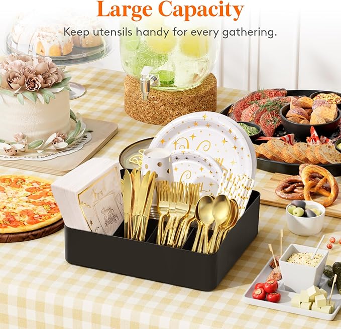 Lifewit Paper Plate Organizer for Kitchen Countertop, Plastic Silverware Caddy for Party, Utensil Holder with 7 Compartment, Cutlery Flatware Dispenser Box for Cup Spoon Fork Napkin, Black, 29 -31cm