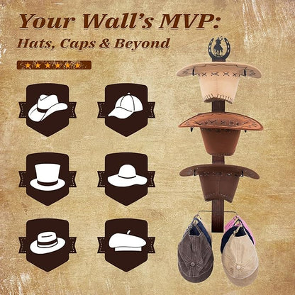 SCUNDA Cowboy Hat Rack for Wall, Rustic Western Hat Holder, Western Style Hat Organizer Hook for Home, Entryway, Ranch, or Cabin Décor