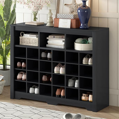 JIVOIT Modern Square Shoe Cabinet with Curved Base, Sleek Design 24 Shoe Cubby Console, Versatile Sideboard for Hallway, Bedroom, Living Room (Black,Curved Base)