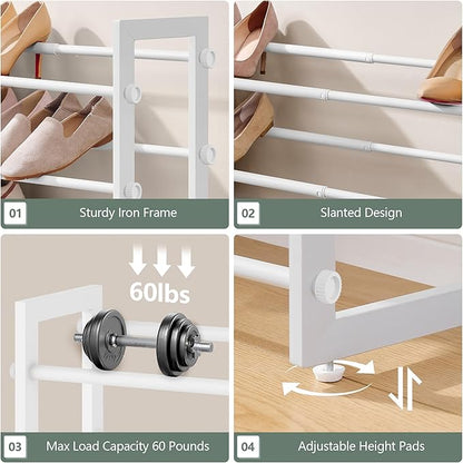 FAVOOSTY 5-Tier Expandable Shoe Rack, Adjustable Shoe Shelf Storage Organizer Space Saving Metal Free Standing Shoe Rack for Entryway Closet Doorway, Silver Grey (White, 5 Tier)