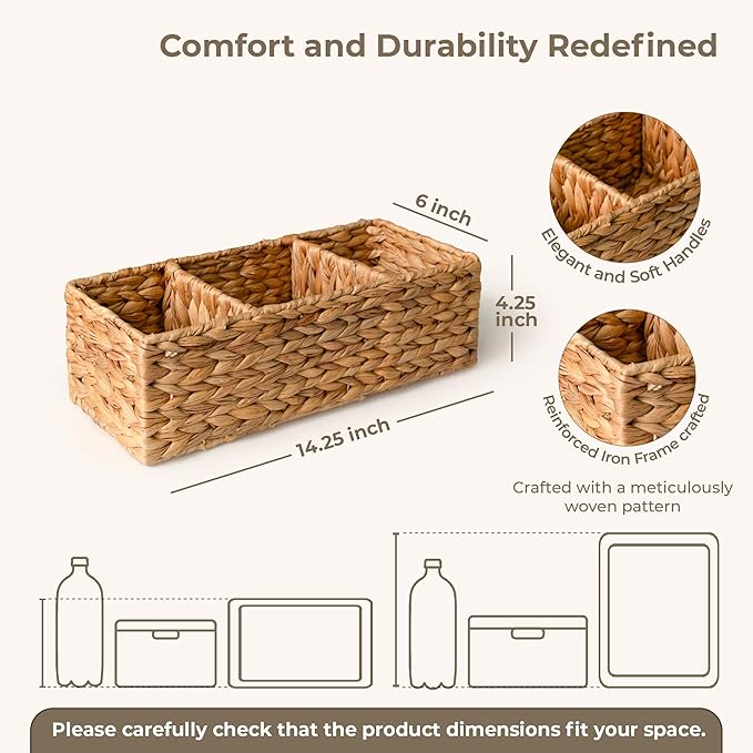 KOKODO Pack of 2 Water Hyacinth Tank Topper Storage Baskets 3 sections Woven Wicker Basket for Toilet Paper Holder, Baskets for Vanity, Bathroom, Pantry Organizing, or Coffee Table Decor
