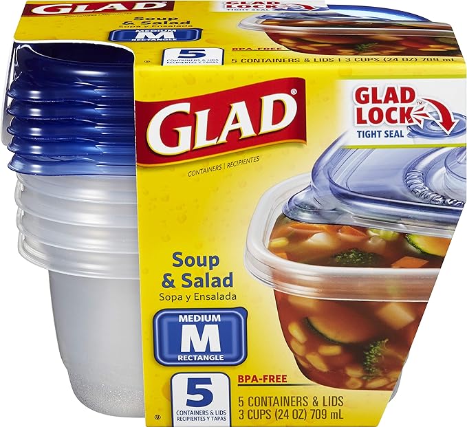 Glad GladWare Medium Rectangle Food Storage Containers with Lids, BPA Free Plastic for Soups Salads and Meal Prep, Airtight Leak Resistant, Microwave Dishwasher Freezer Safe, 24 Oz, 5 Count - 6 Pack