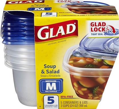 Glad GladWare Medium Rectangle Food Storage Containers with Lids, BPA Free Plastic for Soups Salads and Meal Prep, Airtight Leak Resistant, Microwave Dishwasher Freezer Safe, 24 Oz, 5 Count - 6 Pack