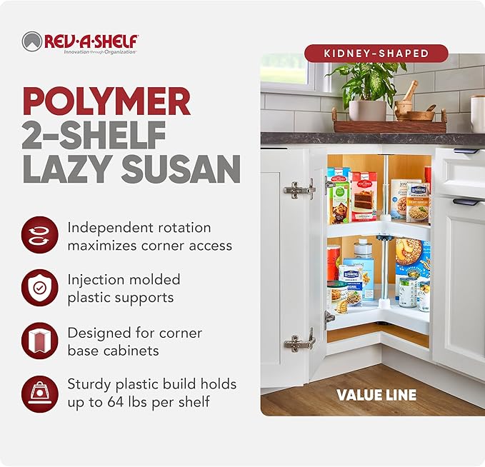 Rev-A-Shelf 28" Kidney Shaped Dual Tier Lazy Susan Organizer for Corner Base Kitchen Cabinets, Plastic Home Storage Shelves, 28" W x 22.5" D x 26" H, White, 3472-28-11-52
