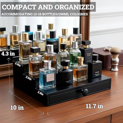 Wooden Cologne Organizer for Men 3 Tier | Black Perfume Holder Shelf for Dresser | High Grade Velvet Lining and Stylish Gift Box | Uncluttered Design Perfume Display Stand