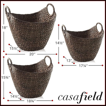 Casafield Set of 3 Multipurpose Boat Baskets with Handles - Espresso, Woven Water Hyacinth Storage Organizers for Throw Blankets, Bedroom, Laundry