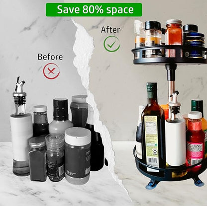 Lazy Susan Organizer 2 Tier 9"x 10" heigh 16" Metal Rotating Spice Rack Two Tier Turntable Organizer for Kitchen Pantry Cabinet Countertop, Tabletop, Bathroom Storage Black