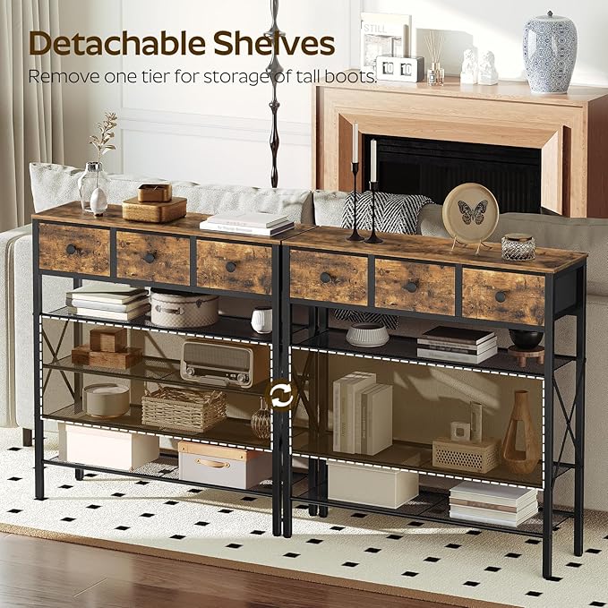 YATINEY 5-Tier Shoe Rack with 3 Drawers, Metal Shoe Organizer for 20 Pairs with Storage Shelves and Wooden Top, for Entryway, Hallway, Foyer, Closet, Rustic Brown and Black SS35BR
