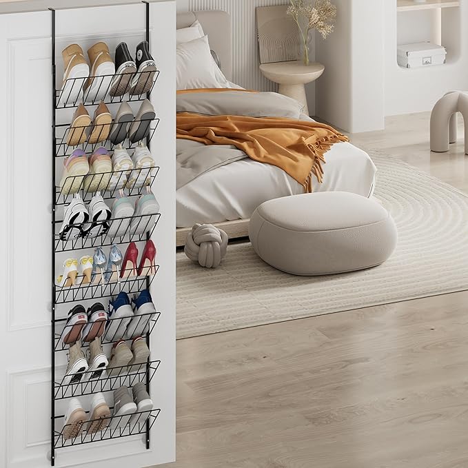 SWTYMIKI Over the Door Shoe Organizer - Adjustable 8 Tier Hanging Shoe Rack Organizer, Metal Heavy Duty Behind Door Storage or Wall Mount Shoes Shelf for Flats, Heels, Sneakers, Boots, Black