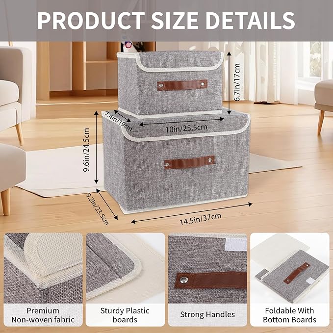Small Storage Bin with Lid Storage Boxes,Collapsible Linen Storage Basket Container with Lid Storage Cube for Organizing Closets(Grey)