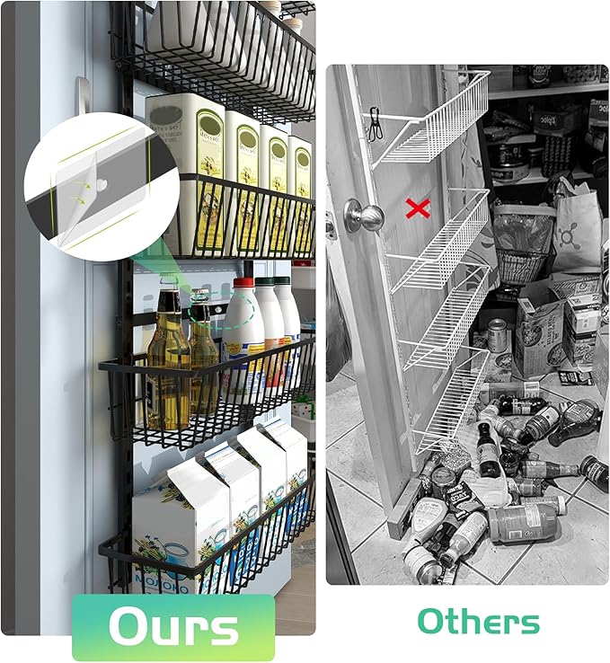 Mefirt Over The Door Pantry Organizer, Pantry Organization and Storage, 8-Tier Deep Baskets Hanging Heavy-Duty Metal, Wall Spice Rack Seasoning Shelves for Home & Kitchen, Laundry Room Bathroom, Black
