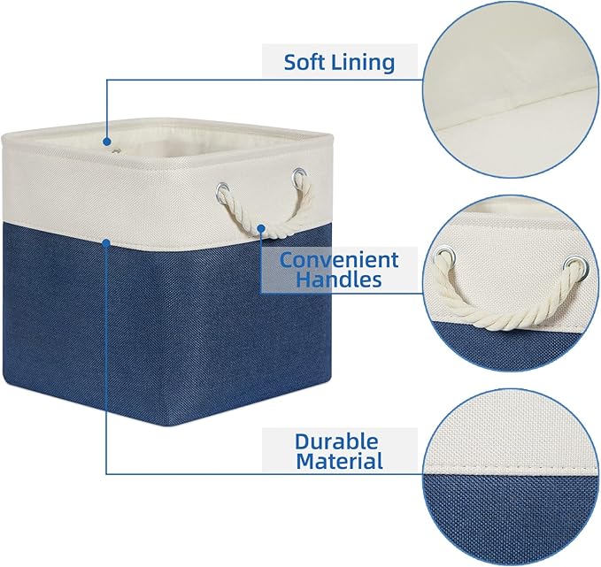 Temary Fabric Storage Cubes 11x11 Cube Storage Bins 4Pack Blue Basket for Organizing Home, Closet, Empty Gift Baskets with Handles (White&Blue)