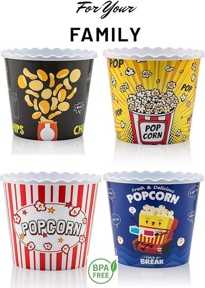 Modern Style Reusable Plastic Popcorn Containers / Popcorn Bowls Set for Movie Theater Night - Washable in the Dishwasher - (BPA Free-4 Pack) (Color: Yellow, Brown, Red/White and Blue Popcorn Boxes)