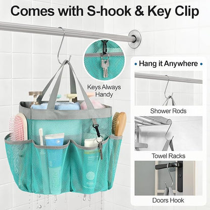 F-color Mesh Shower Caddy Portable, Upgrade Deeper 7 Pockets Shower Bag Basket Bag for College Dorm Room Toiletry Bathroom Essentials Gym Camp Quick Dry 2 handles with S Hook, Mint Green