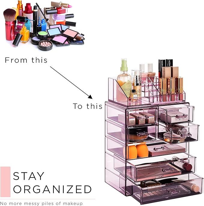 Sorbus Acrylic Makeup Organizer Set, 7-Drawer Vanity & Countertop Cosmetic Storage with Small & Wide Compartments, Purple Makeup Storage for Brushes, Jewelry – Holiday Gift for Women & Teens