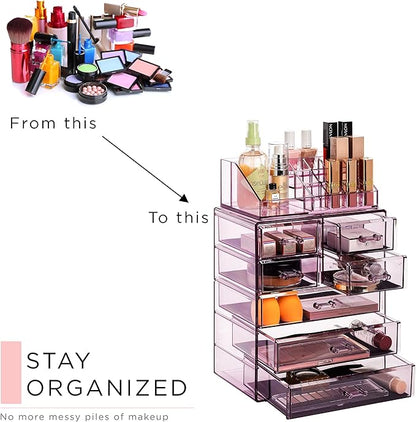 Sorbus Acrylic Makeup Organizer Set, 7-Drawer Vanity & Countertop Cosmetic Storage with Small & Wide Compartments, Purple Makeup Storage for Brushes, Jewelry – Holiday Gift for Women & Teens