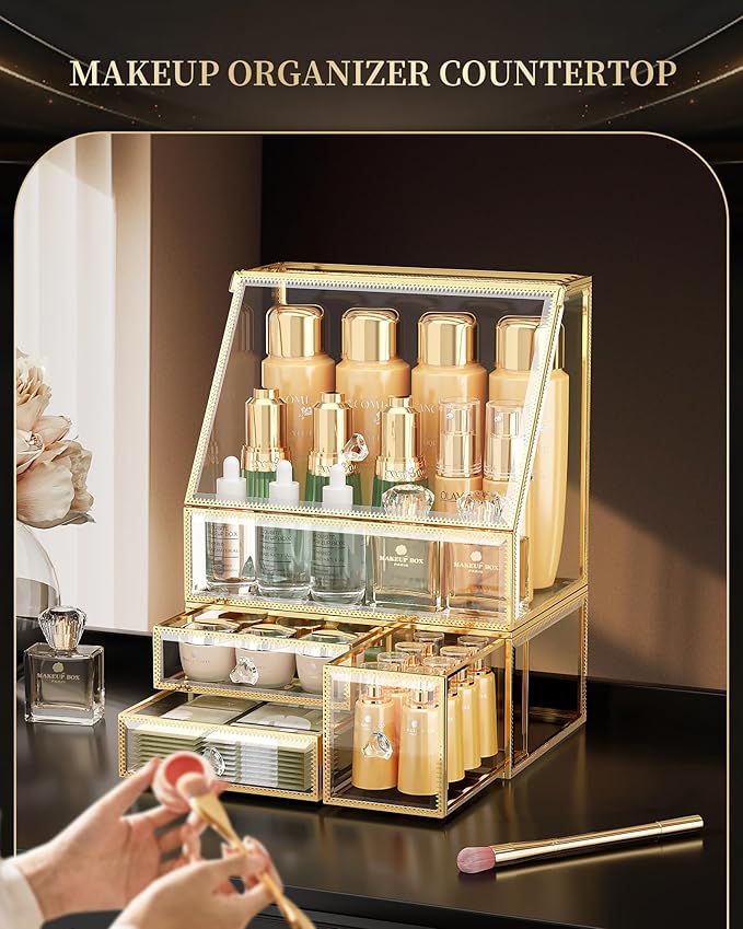CoralHouse Glass Makeup Organizer for Vanity, Clear Cosmetic Organizer with Drawer, Elegant Skincare Holder for Bathroom Countertop and Dresser