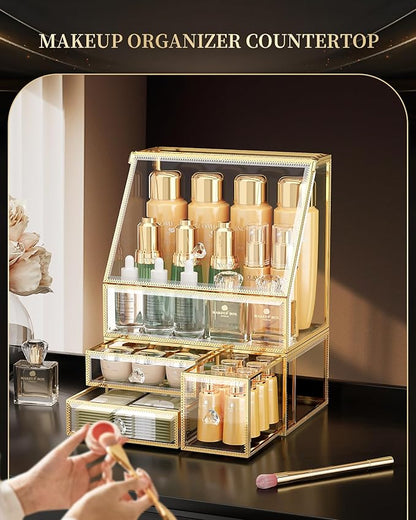 CoralHouse Glass Makeup Organizer for Vanity, Clear Cosmetic Organizer with Drawer, Elegant Skincare Holder for Bathroom Countertop and Dresser