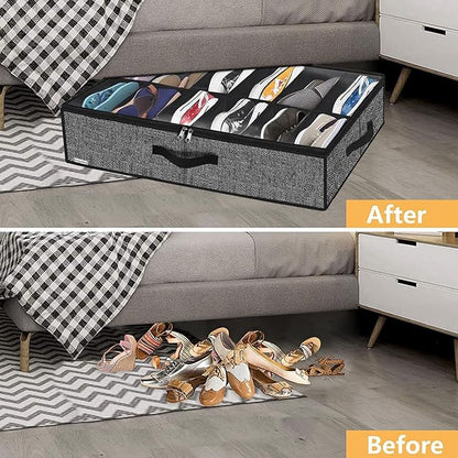 Onlyeasy Under Bed Shoe Storage Organizer with Sturdy Handles and Clear Window 1 Pack Fits 12 Pairs, Premium Foldable Underbed Shoes Container Box for Closet, Linen-like Black, MXAUBSB1P