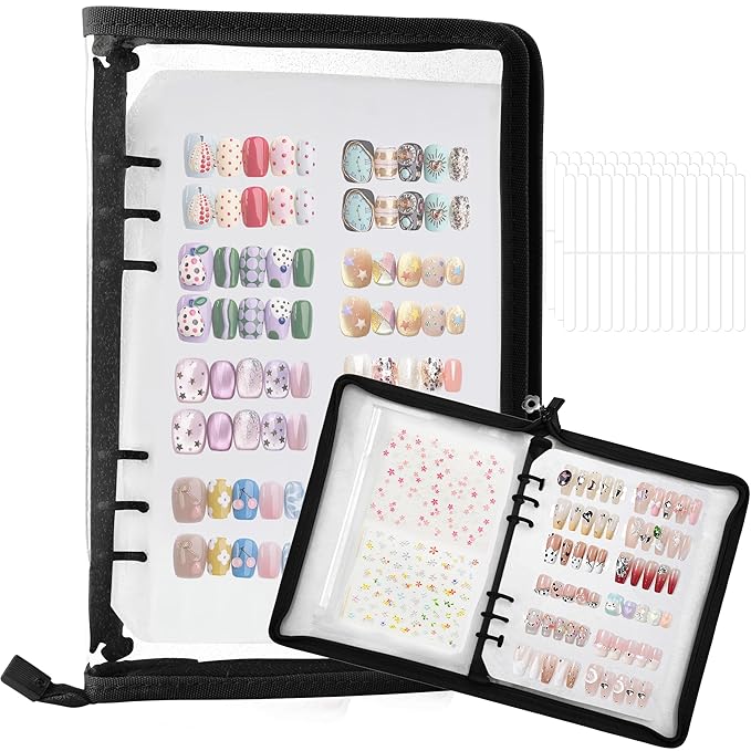 18PCS Press On Nail Organizer Clear Empty Press on Nail Packaging Set with 8 Insert Pages,8 nail double tape and 1 Zipper Pocket for Fake Nail Storage Nail Art Salon (black)
