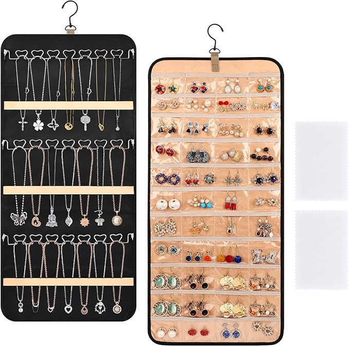 Hanging Jewelry Organizer Storage Roll with 48pcs Pocket Double Sided Rotating Hanger Necklace Hanging Wall Organizer with Hanger Hooks(COLOR:Black)