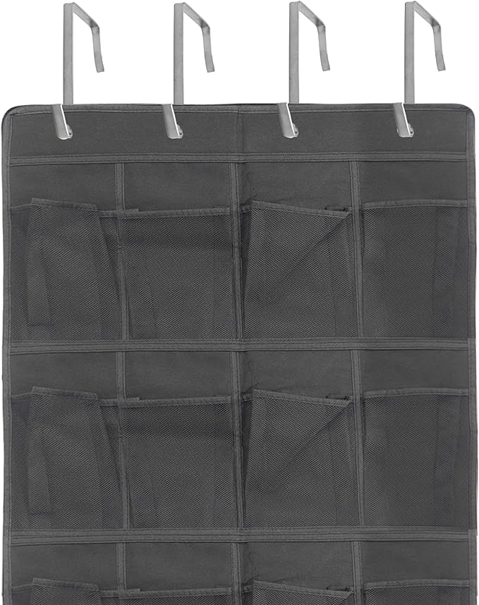 Black Over Door Shoe Organizer, 24 Large Pockets Hanging Storage for Closet Organization, Space Saving Shoe Rack and Accessory Holder