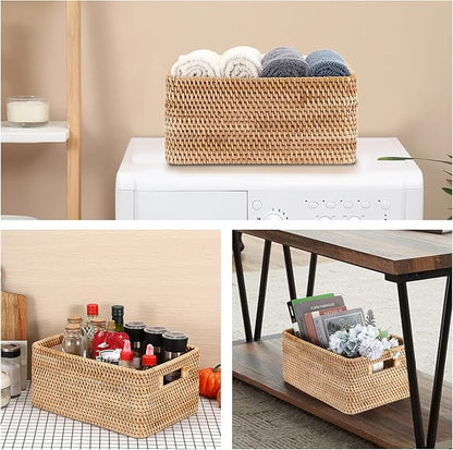 Hipiwe Handwoven Wicker Basket for Organizing Natural Rattan Basket with Handles Rectangular Closet Organizer Bin Multipurpose Storage Box, 13.8" x 9.8" x 6.3"