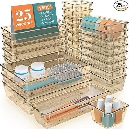 StorMiracle 25 PCS Drawer Organizer Set, 5 Varied Size Bathroom and kitchen Drawer cabinet organizer Trays, Clear Storage Bins for Makeup, Jewelry, Utensils and Gadgets, Champagne
