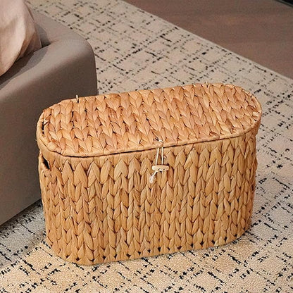 PINXIURY Water Hyacinth Toilet Paper Storage Basket, Bathroom Toilet Organizer with Lid, Woven Toilet Paper Holder for 6 Mega Rolls Bathroom Storage, Magazine Holder for Office, Bedroom