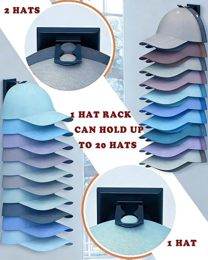 Double Capacity Hat Organizer for Baseball Caps 2 Packs - 40 Cap Storage with Spring Clips, Wall Mount Closet & Door Hat Rack Holder Hanging (Strong Adhesive & Screws Included) Matte Black