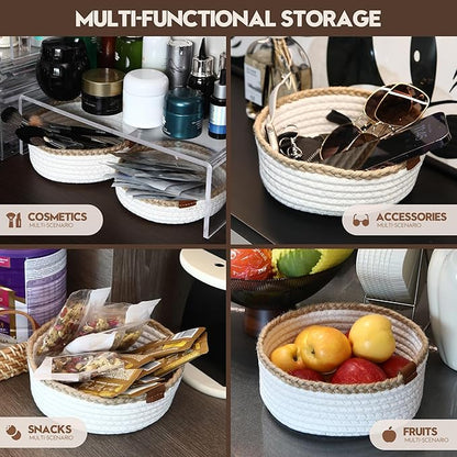 Sea Team 3-Pack Small Cotton Rope Storage Basket Set - Portable Round Organizers with Jute Braid for Small Items, Keys, Makeup & Trinkets