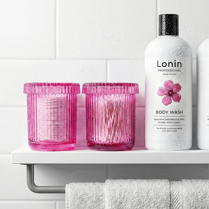 2 Pack Qtip Holder - Apothecary Jars with Lids, Bathroom Organizers and Storage Canister for Cotton Balls,Swabs,Floss Picks,Hair Ties,Clear Glass Vintage Bathroom Decor Jar Set (Pink2)